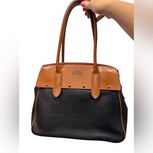 Dooney & Bourke Pebble Leather Large Satchel Bag Navy Tan Vachetta EUC